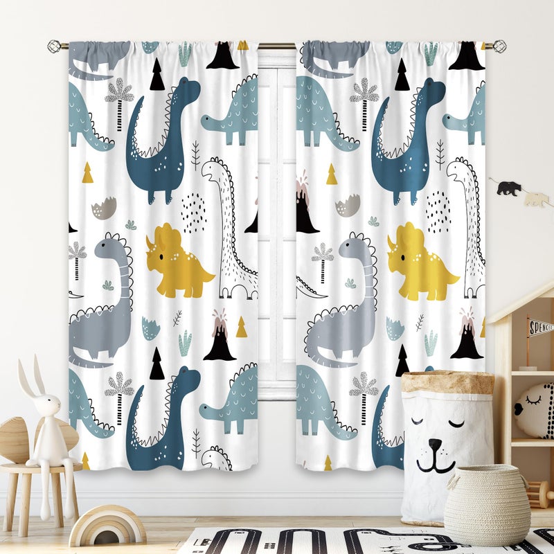 Cinbloo Kids Dinosaur Curtains 42Wx63L Inch Rod Pocket Cartoon Dino Baby Boys Bedroom Decor Nursery Children Cute Navy Blue Safari Animal Art Printed Living Room Playroom Window Drapes Fabric 2 Panel - Image 1